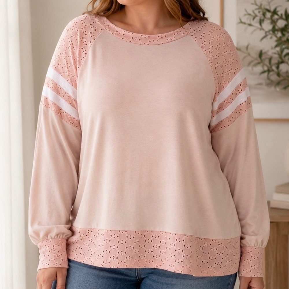 Sugarfox 1X Blush Eyelet Colorblock Sweatshirt Top Casual Boho Cottagecore